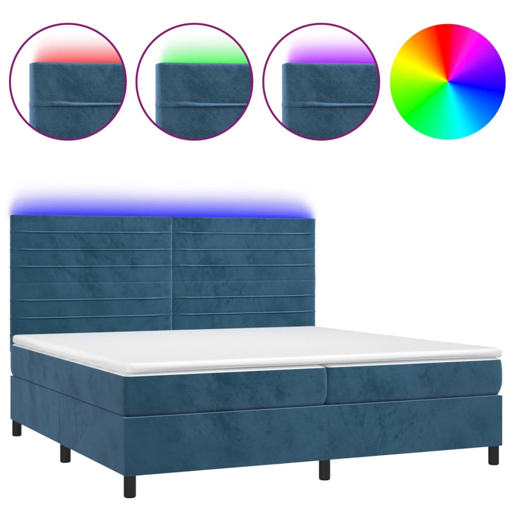 sötétkék bársony rugós és LED-es ágy matraccal 200x200 cm