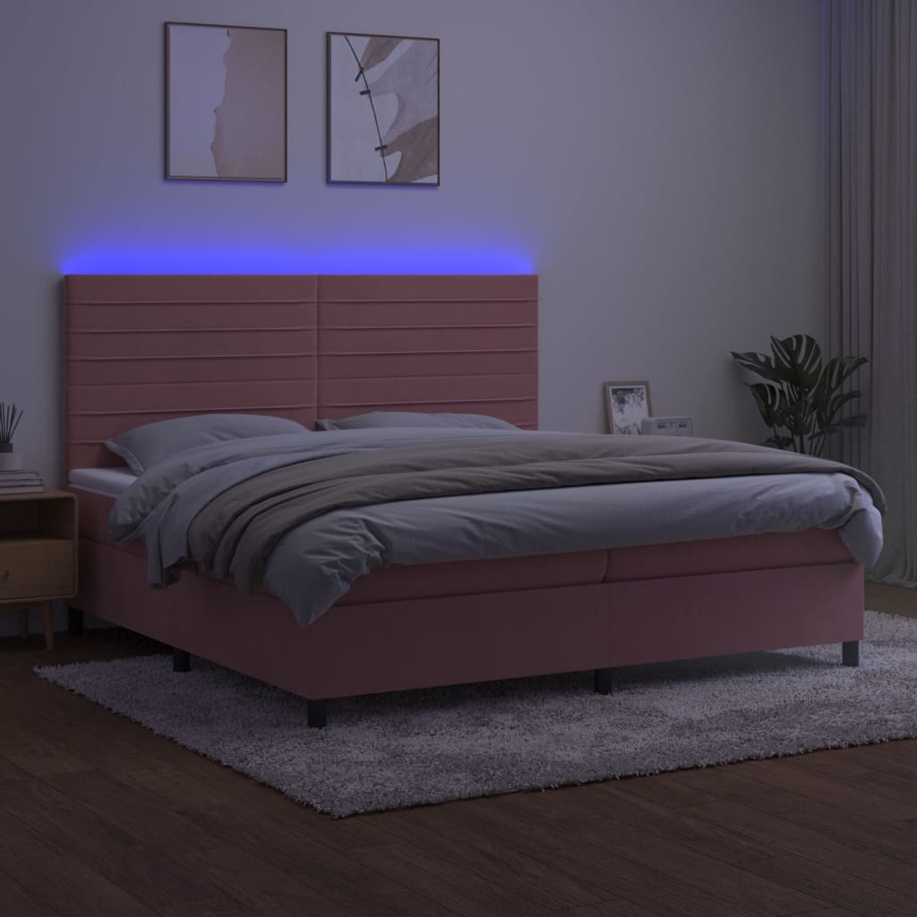rózsaszín bársony rugós és LED-es ágy matraccal 200x200 cm