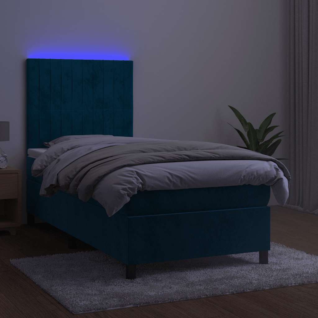sötétkék bársony rugós és LED-es ágy matraccal 80 x 200 cm