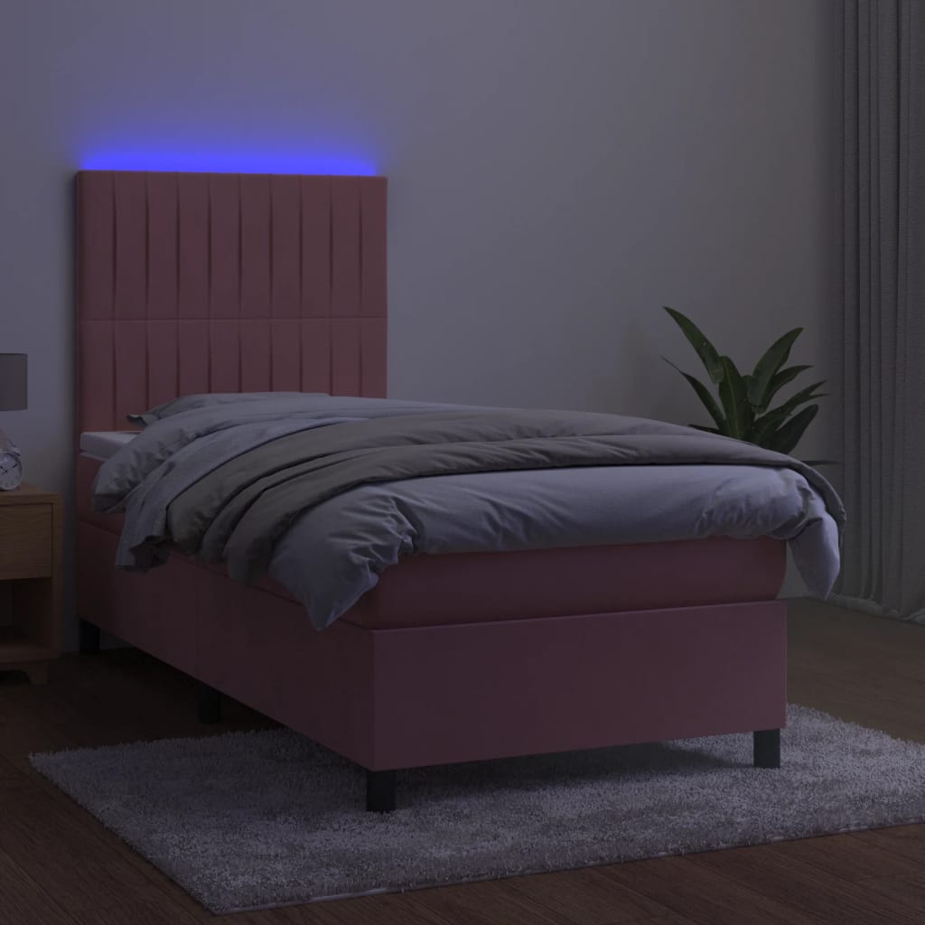rózsaszín bársony rugós és LED-es ágy matraccal 80 x 200 cm