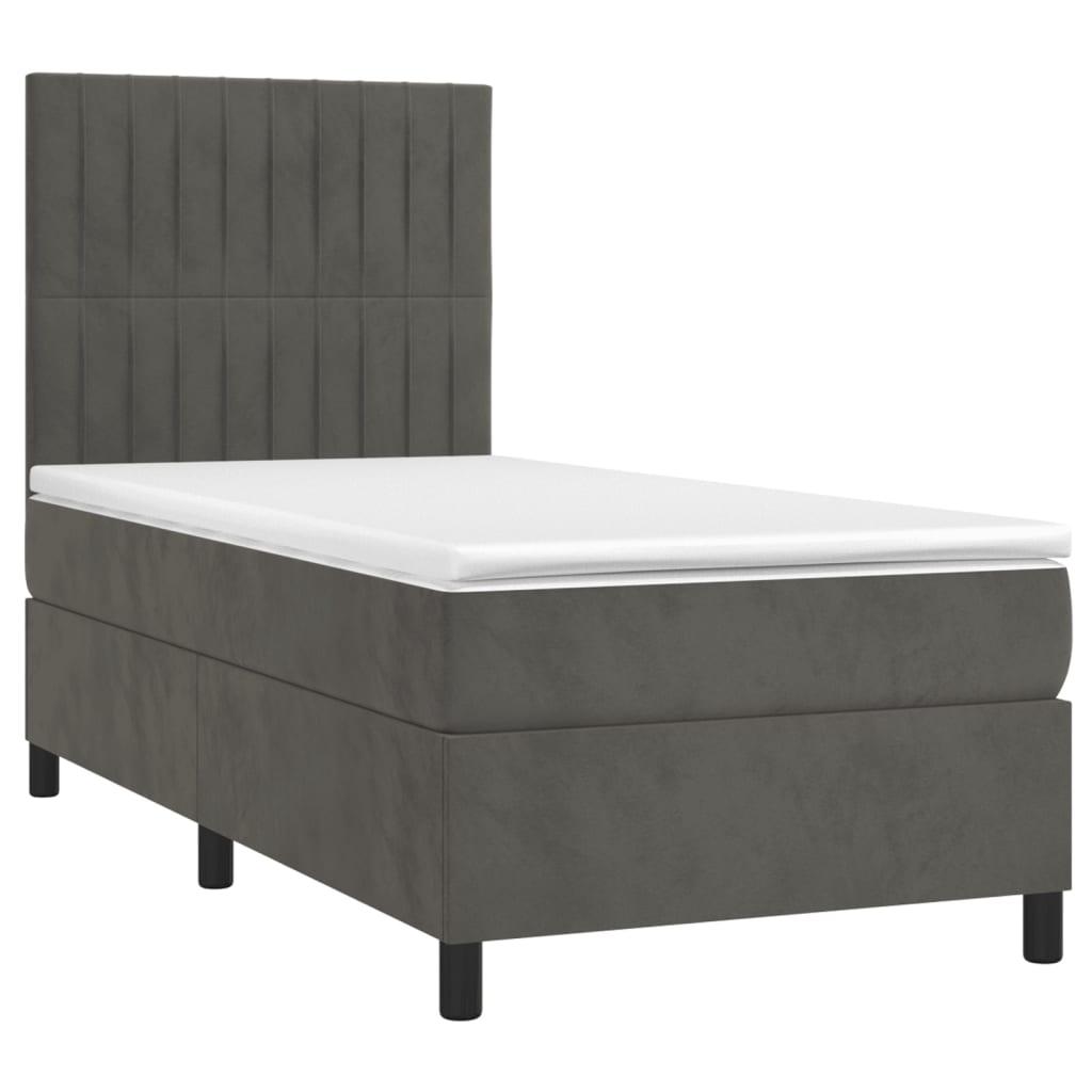 sötétszürke bársony rugós és LED-es ágy matraccal 90x190 cm