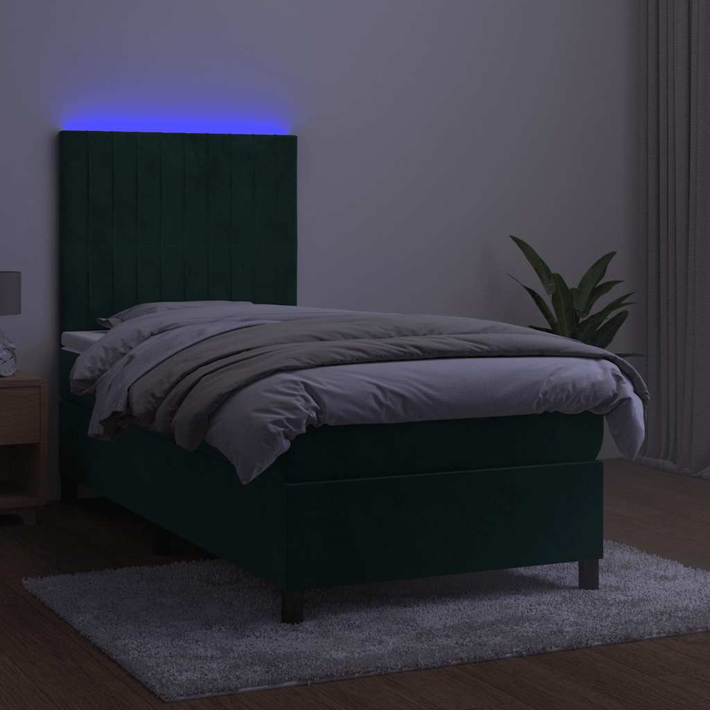 sötétzöld bársony rugós és LED-es ágy matraccal 90x190 cm