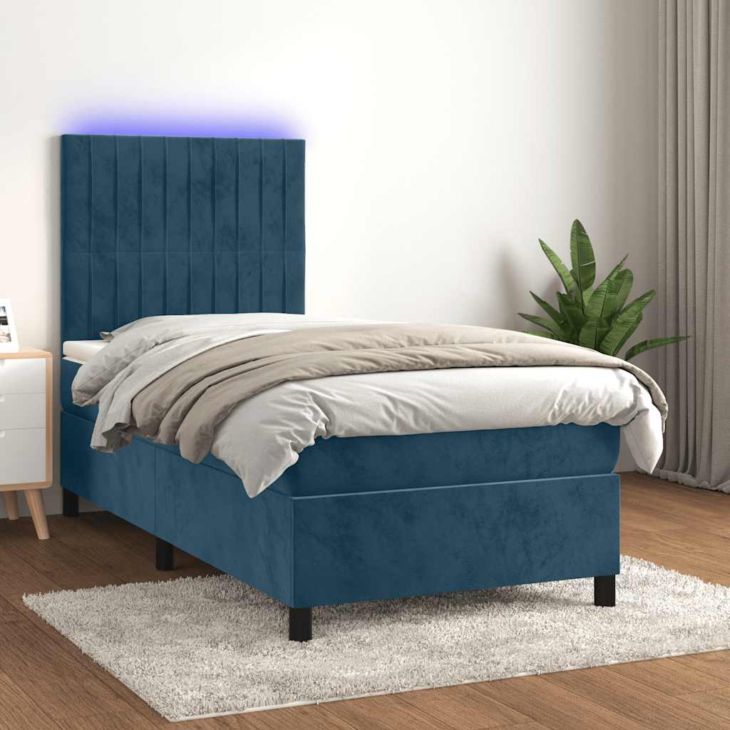 sötétkék bársony rugós és LED-es ágy matraccal 90x190 cm