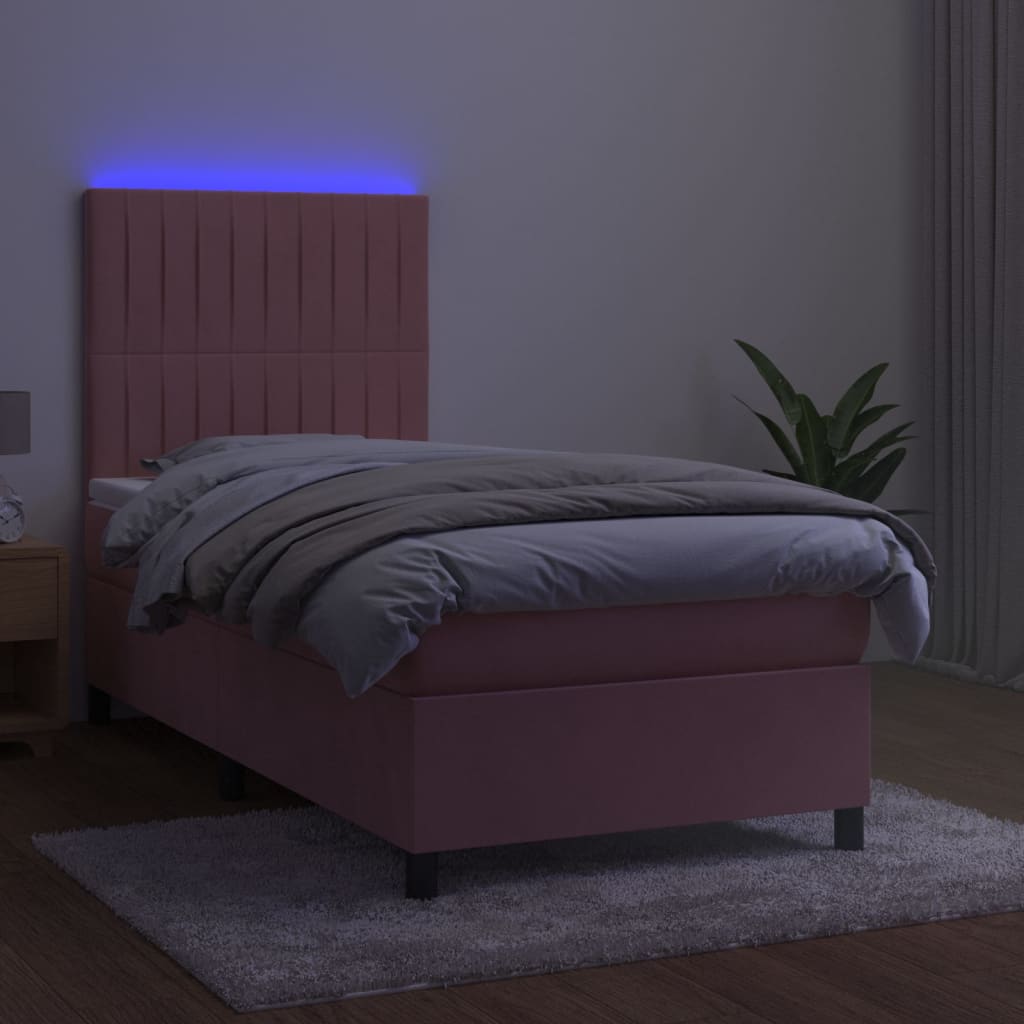 rózsaszín bársony rugós és LED-es ágy matraccal 90x190 cm