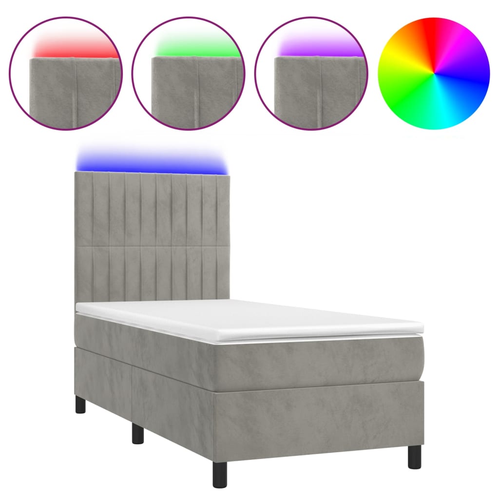 világosszürke bársony rugós és LED-es ágy matraccal 90x200 cm