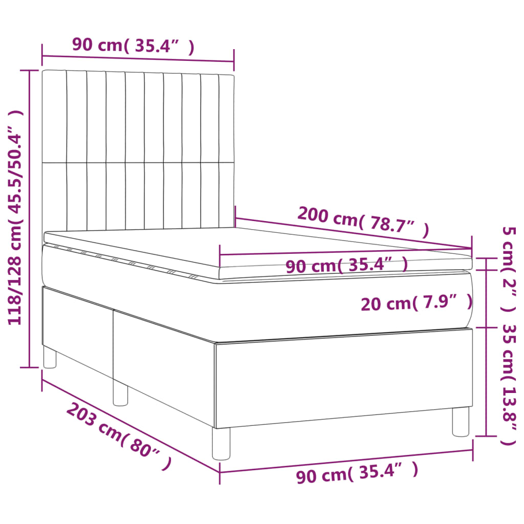 sötétszürke bársony rugós és LED-es ágy matraccal 90x200 cm