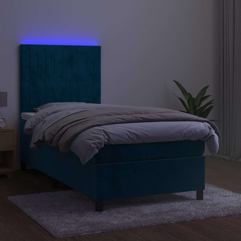 sötétkék bársony rugós és LED-es ágy matraccal 90x200 cm