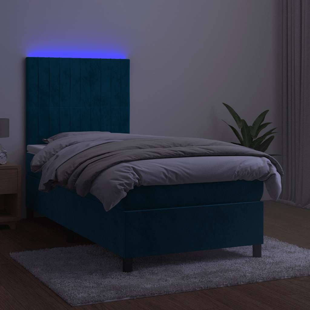 sötétkék bársony rugós és LED-es ágy matraccal 100x200 cm