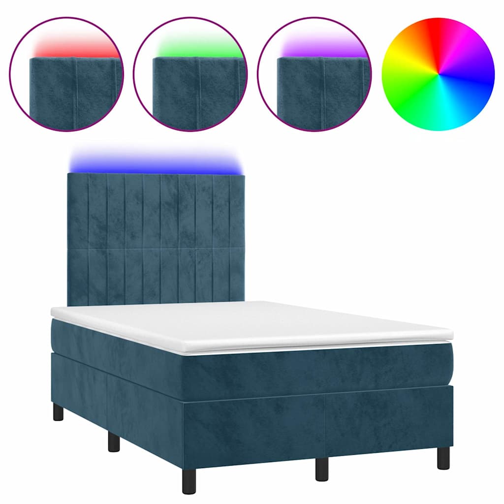 sötétkék bársony rugós és LED-es ágy matraccal 120x200 cm
