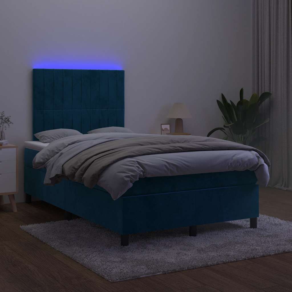sötétkék bársony rugós és LED-es ágy matraccal 120x200 cm
