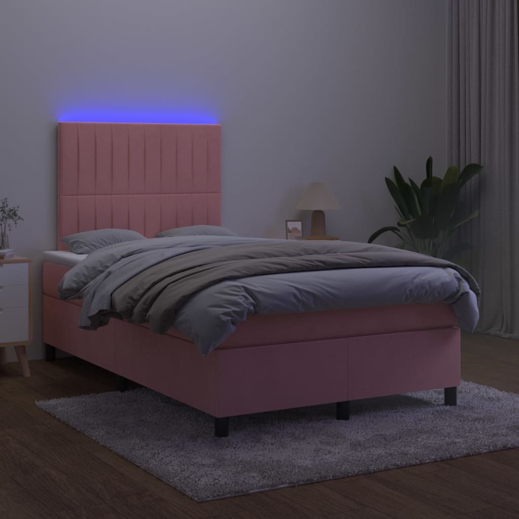 rózsaszín bársony rugós és LED-es ágy matraccal 120x200 cm