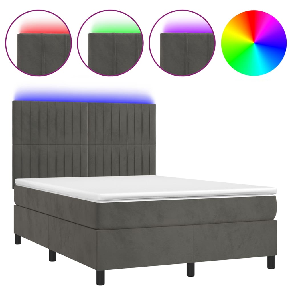 sötétszürke bársony rugós és LED-es ágy matraccal 140x190 cm