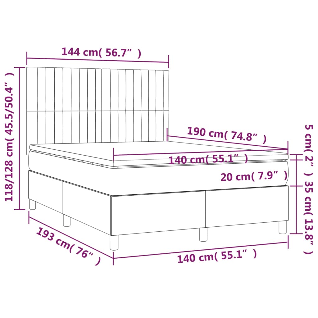 sötétszürke bársony rugós és LED-es ágy matraccal 140x190 cm