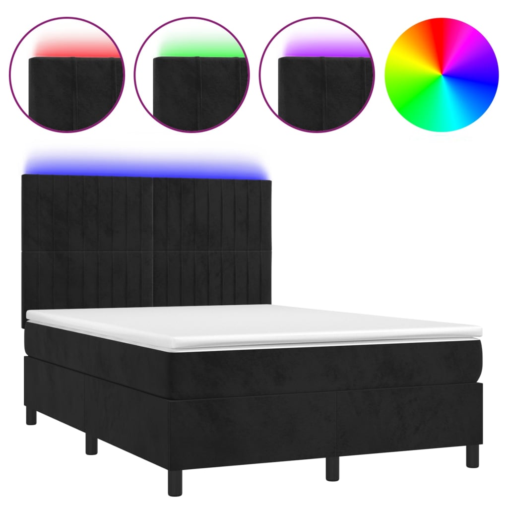 fekete bársony rugós és LED-es ágy matraccal 140x190 cm