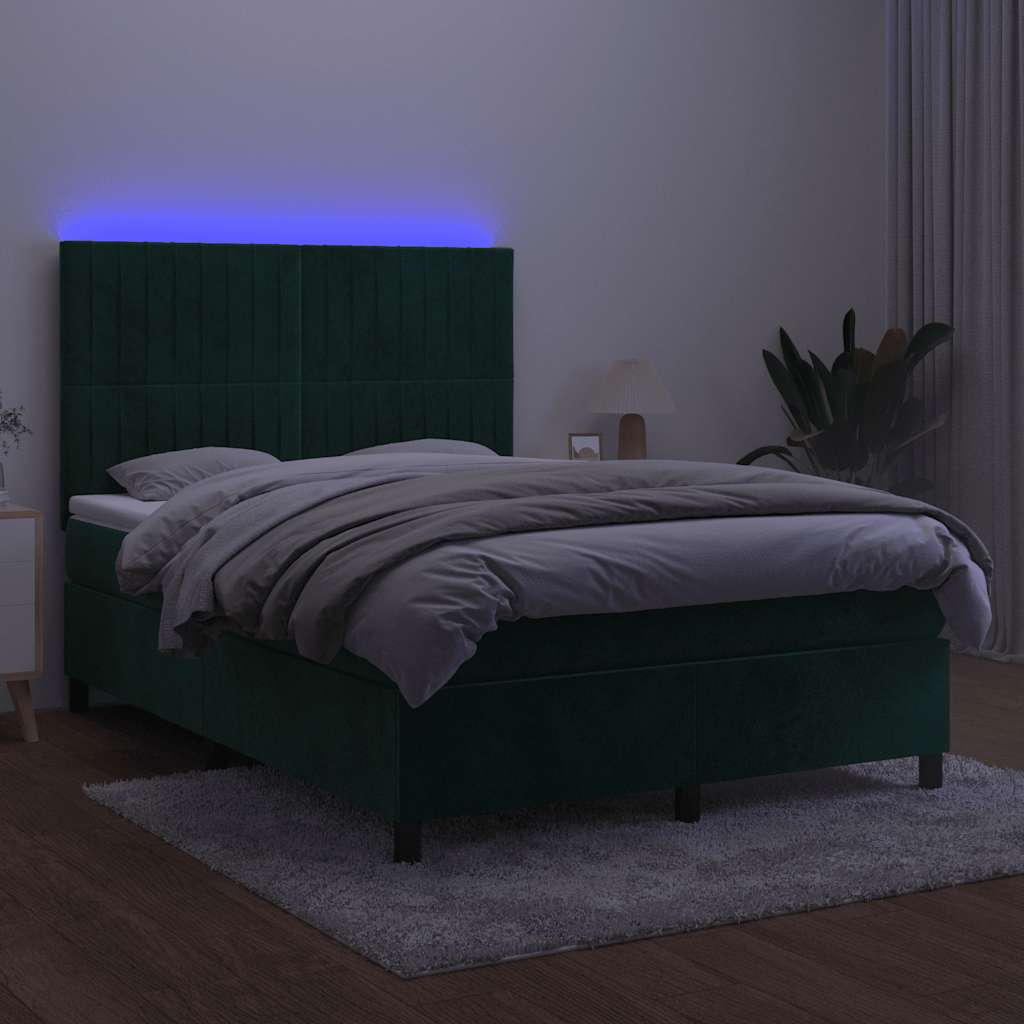 sötétzöld bársony rugós és LED-es ágy matraccal 140x190 cm