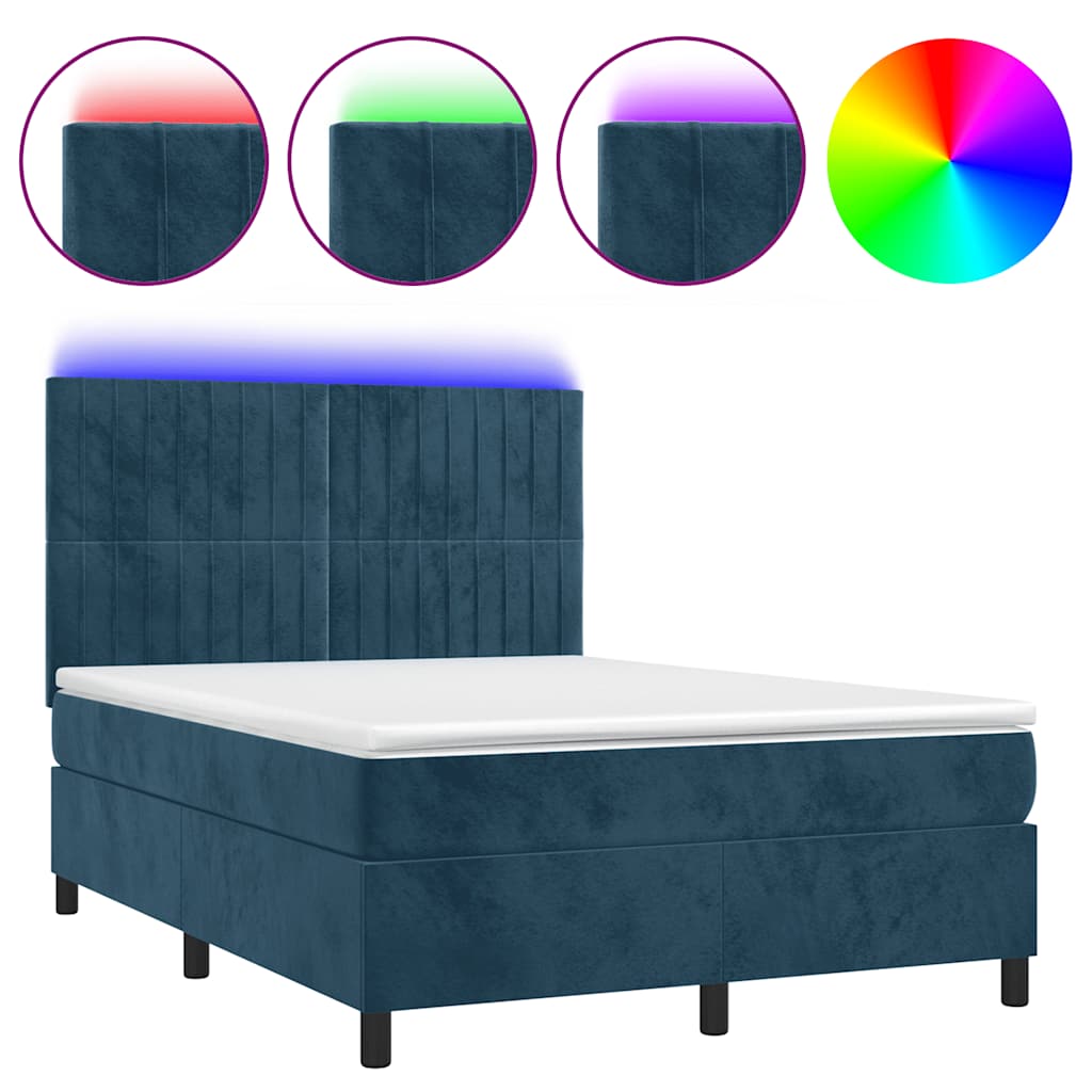 sötétkék bársony rugós és LED-es ágy matraccal 140x190 cm