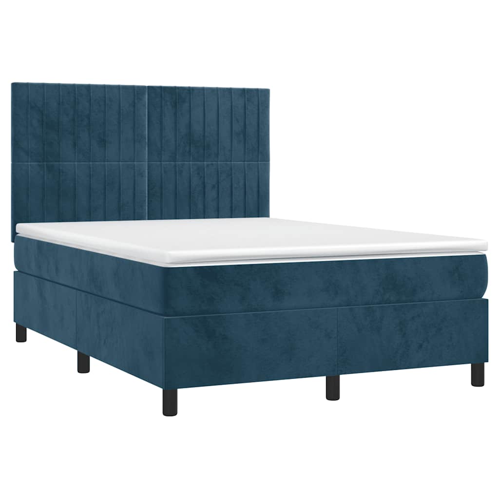 sötétkék bársony rugós és LED-es ágy matraccal 140x190 cm