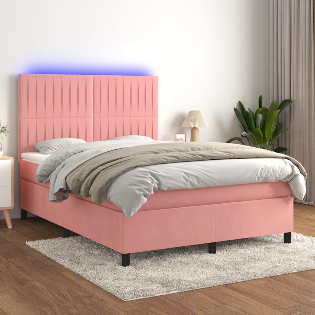 rózsaszín bársony rugós és LED-es ágy matraccal 140x190 cm