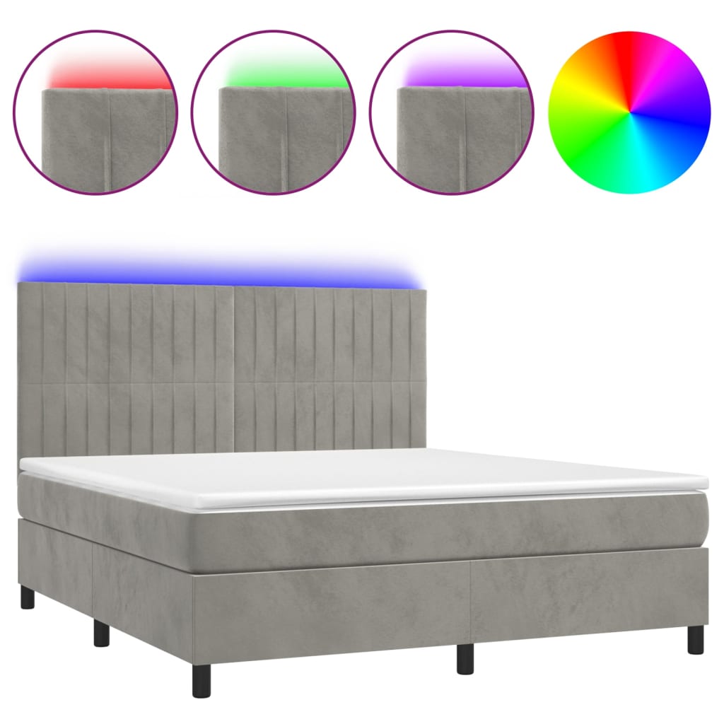 világosszürke bársony rugós és LED-es ágy matraccal 160x200 cm