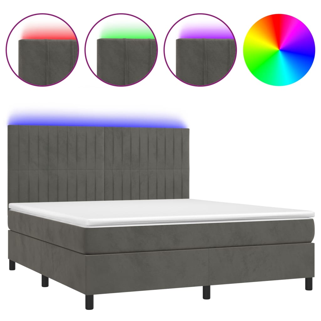 sötétszürke bársony rugós és LED-es ágy matraccal 160x200 cm