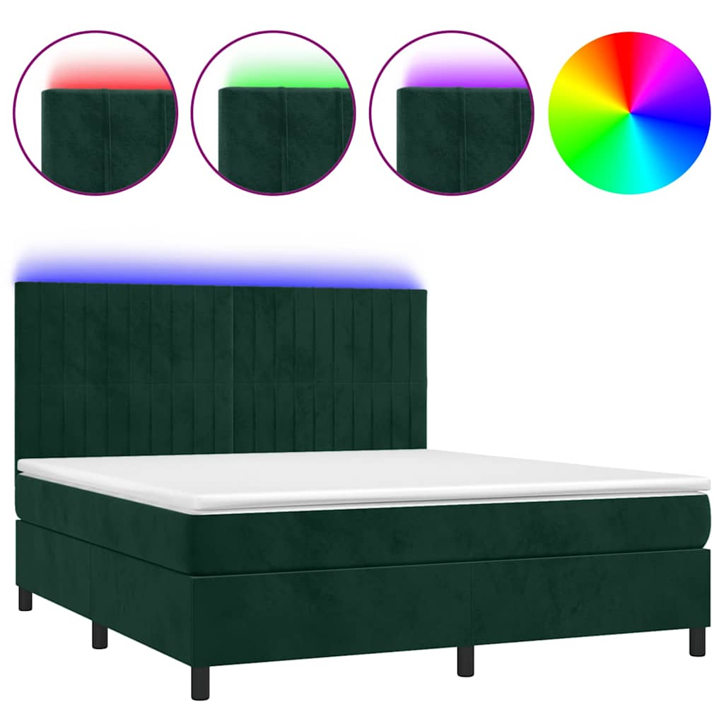 sötétzöld bársony rugós és LED-es ágy matraccal 160x200 cm