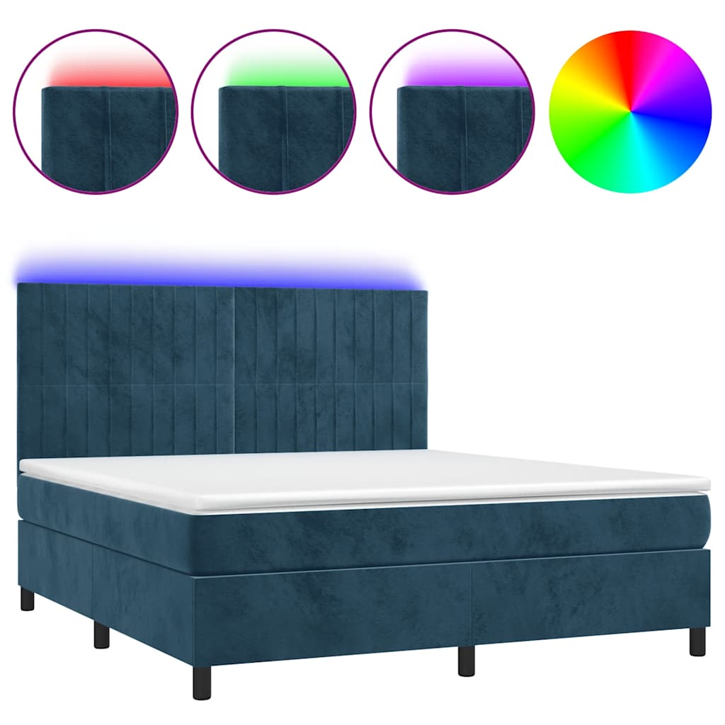 sötétkék bársony rugós és LED-es ágy matraccal 160x200 cm