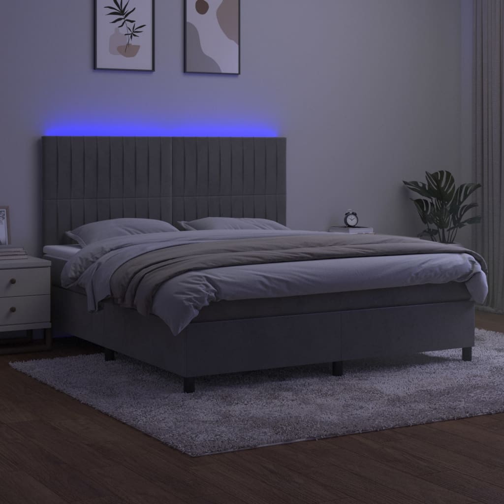 világosszürke bársony rugós és LED-es ágy matraccal 180x200 cm