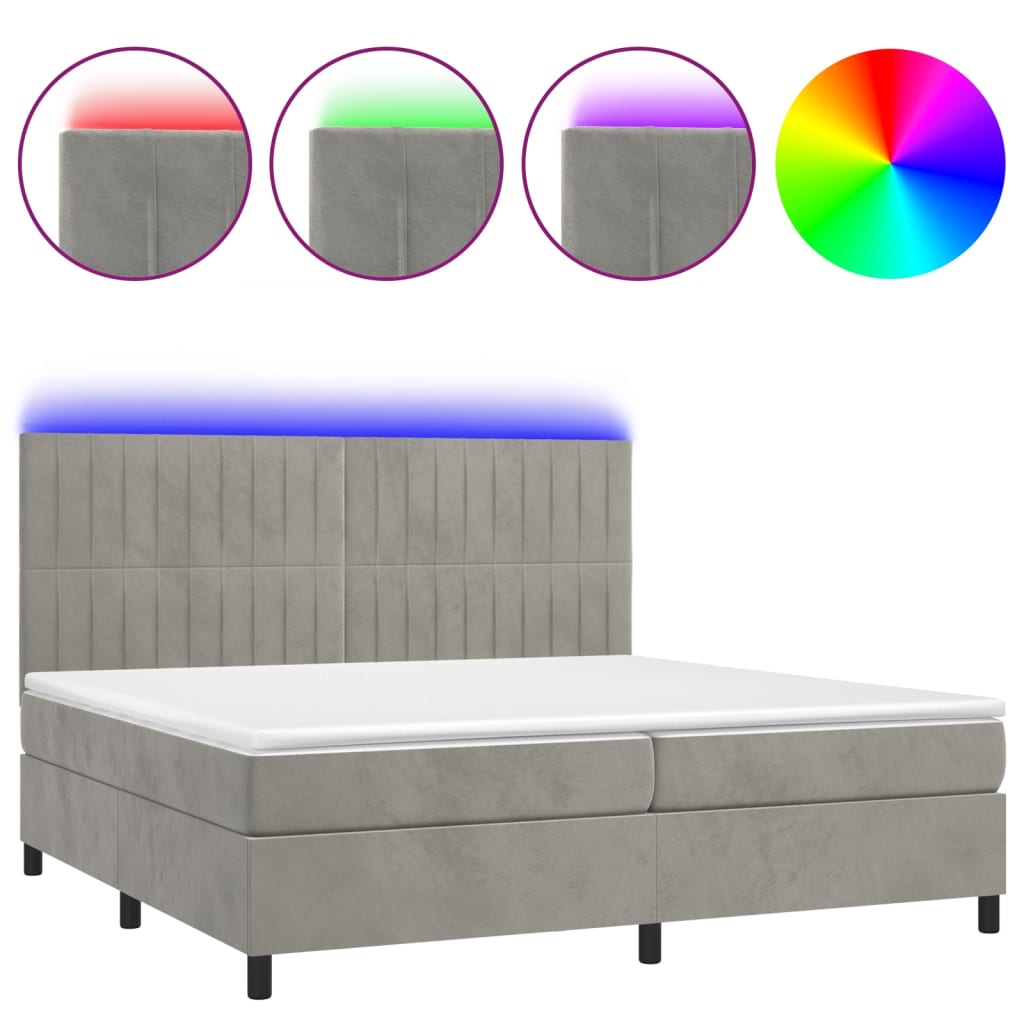világosszürke bársony rugós és LED-es ágy matraccal 200x200 cm