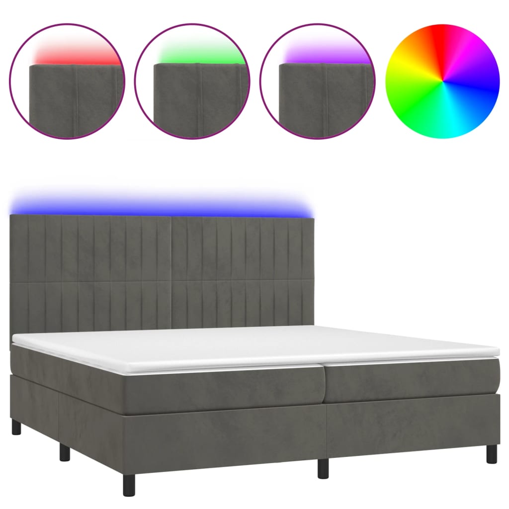 sötétszürke bársony rugós és LED-es ágy matraccal 200x200 cm