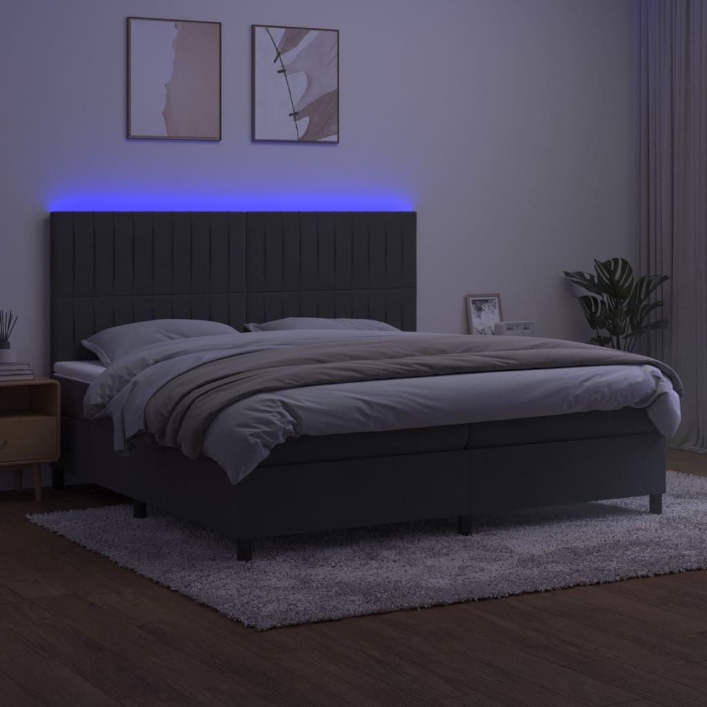 sötétszürke bársony rugós és LED-es ágy matraccal 200x200 cm