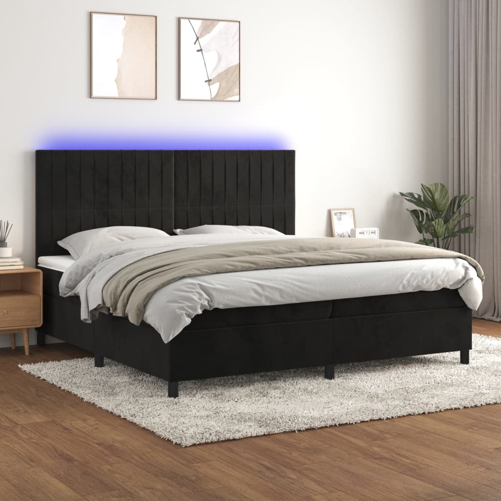 fekete bársony rugós és LED-es ágy matraccal 200x200 cm