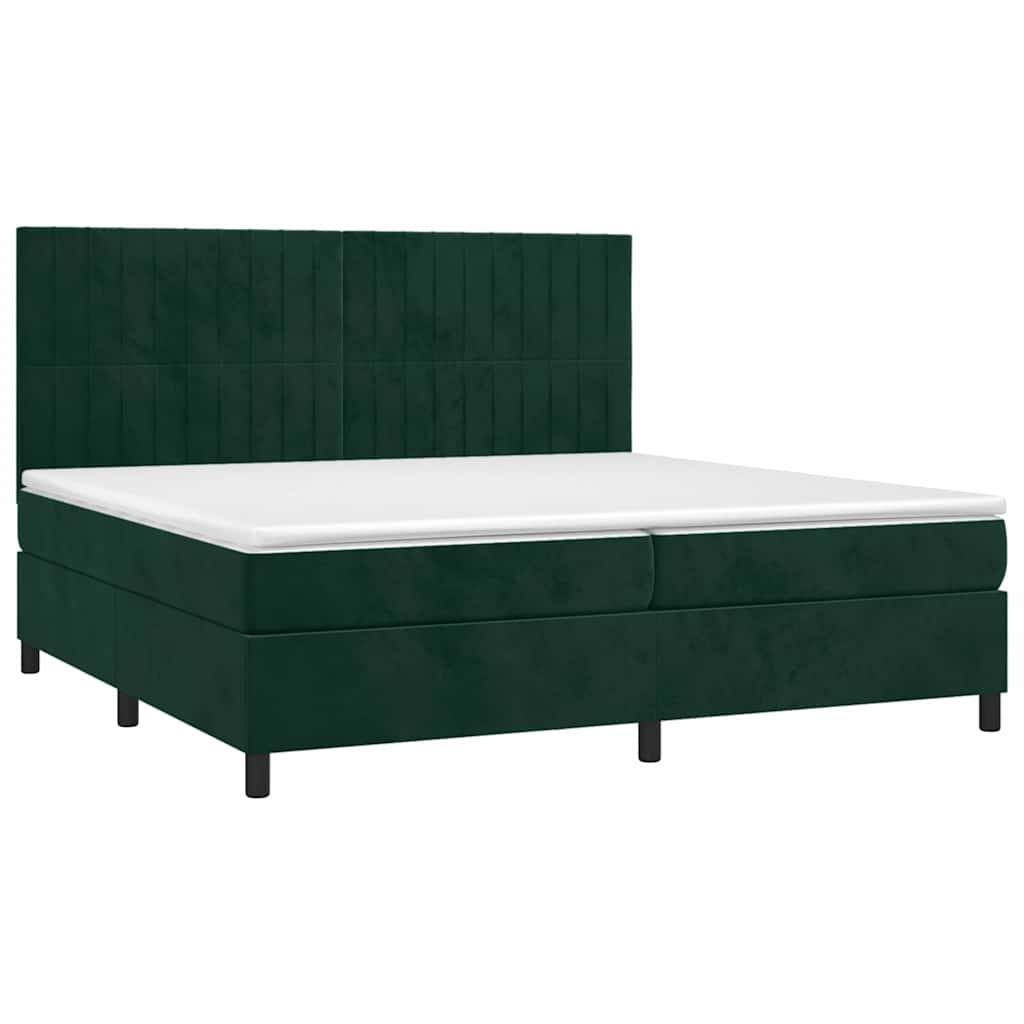 sötétzöld bársony rugós és LED-es ágy matraccal 200x200 cm