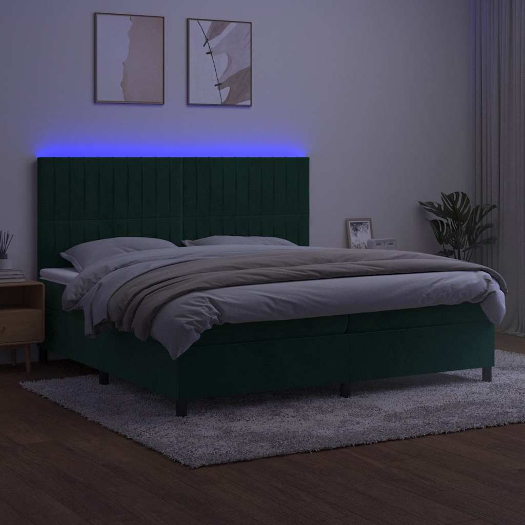 sötétzöld bársony rugós és LED-es ágy matraccal 200x200 cm