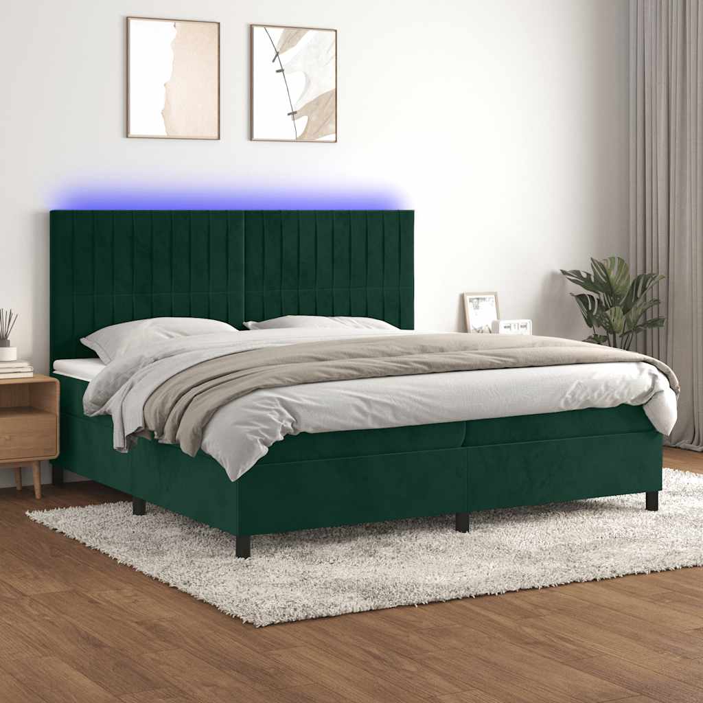 sötétzöld bársony rugós és LED-es ágy matraccal 200x200 cm
