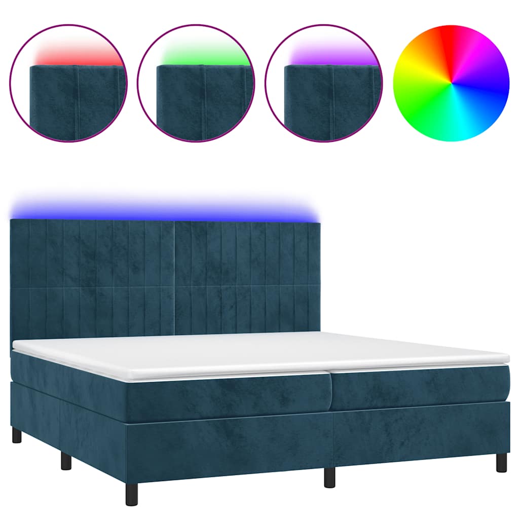 sötétkék bársony rugós és LED-es ágy matraccal 200x200 cm