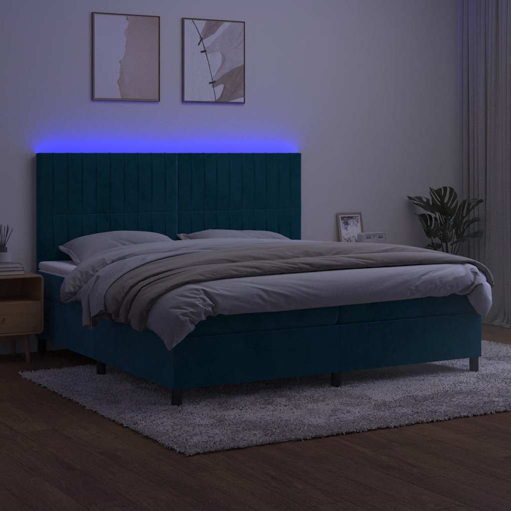 sötétkék bársony rugós és LED-es ágy matraccal 200x200 cm