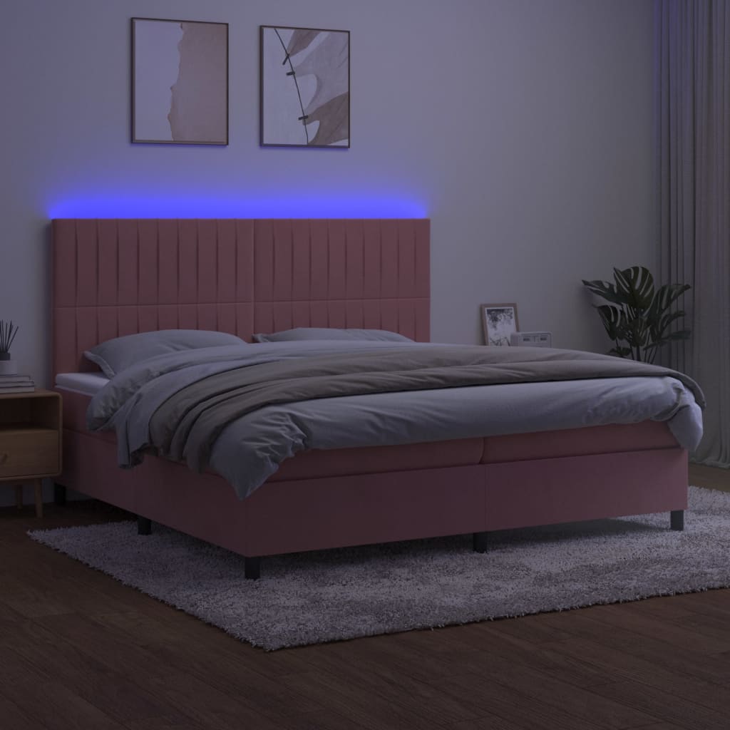 rózsaszín bársony rugós és LED-es ágy matraccal 200x200 cm