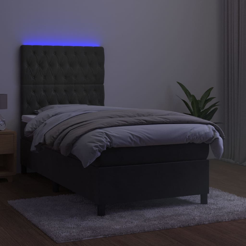 sötétszürke bársony rugós és LED-es ágy matraccal 80 x 200 cm