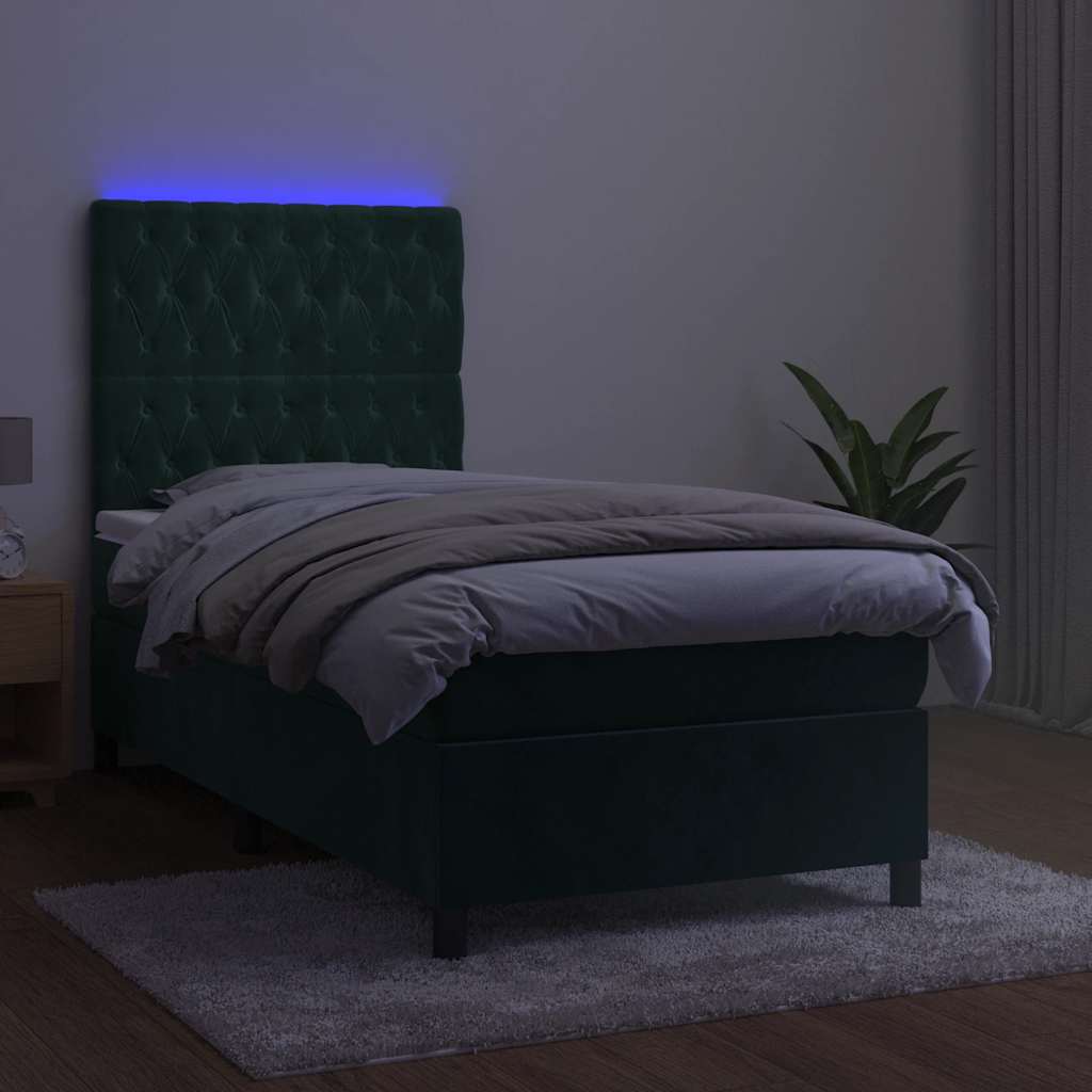 sötétzöld bársony rugós és LED-es ágy matraccal 80 x 200 cm