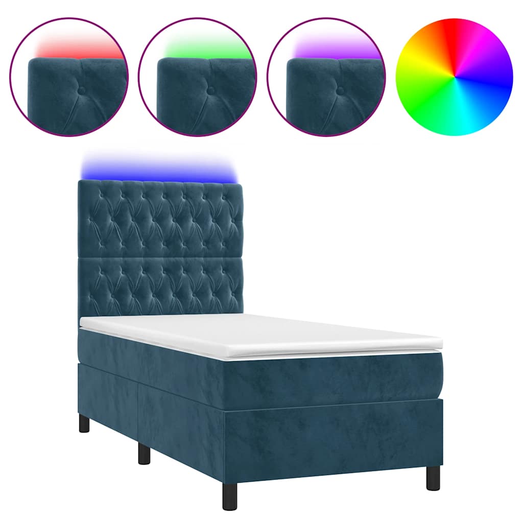sötétkék bársony rugós és LED-es ágy matraccal 80 x 200 cm