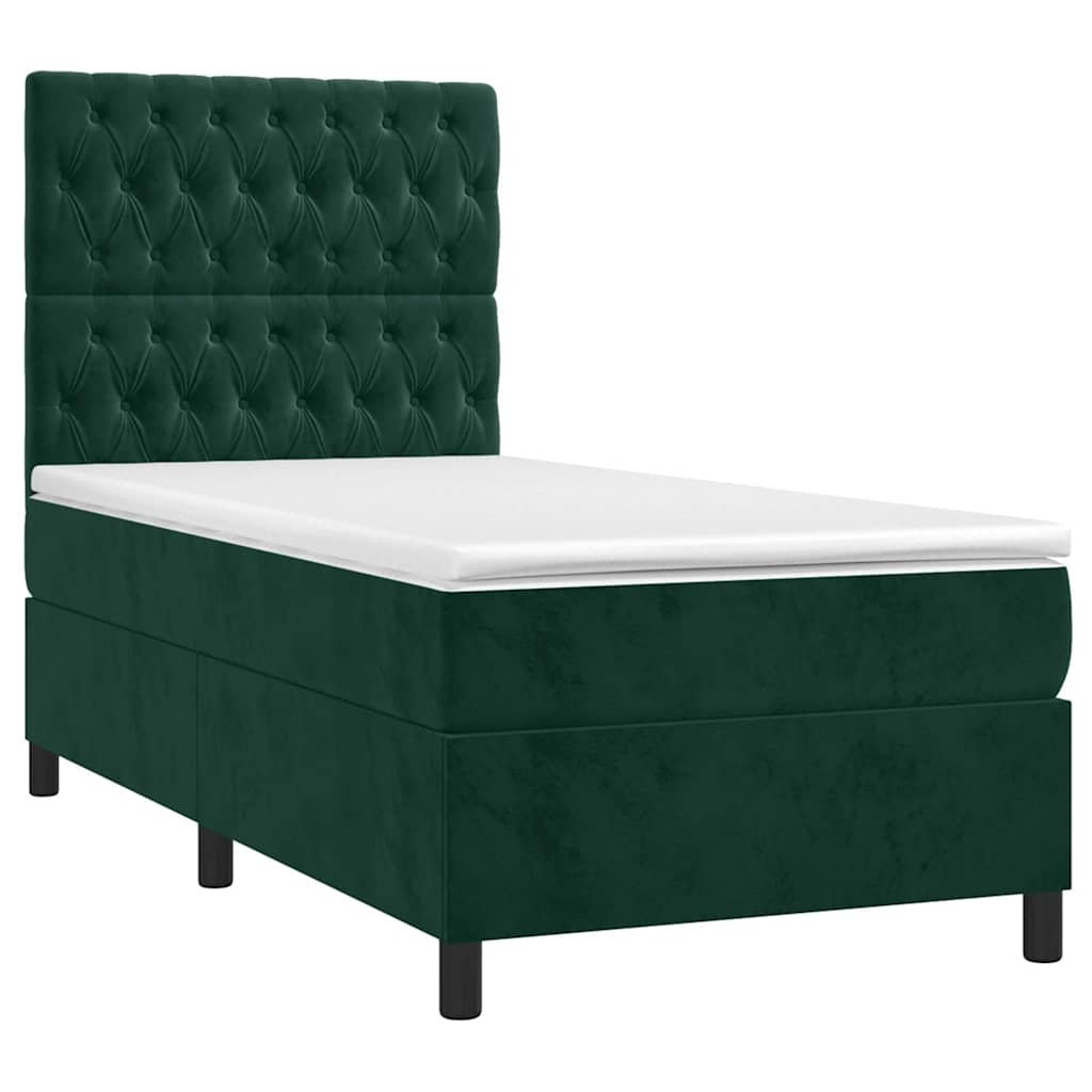 sötétzöld bársony rugós és LED-es ágy matraccal 90x190 cm