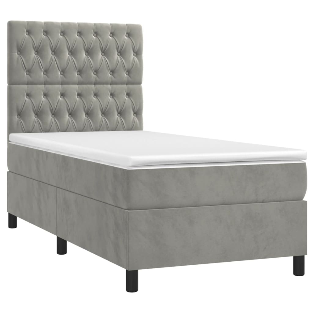 világosszürke bársony rugós és LED-es ágy matraccal 90x200 cm