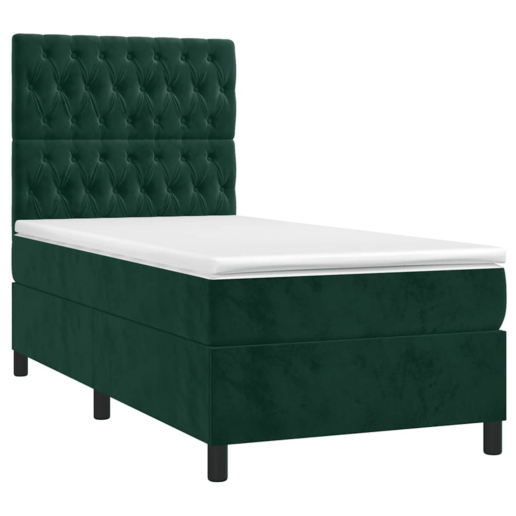 sötétzöld bársony rugós és LED-es ágy matraccal 90x200 cm