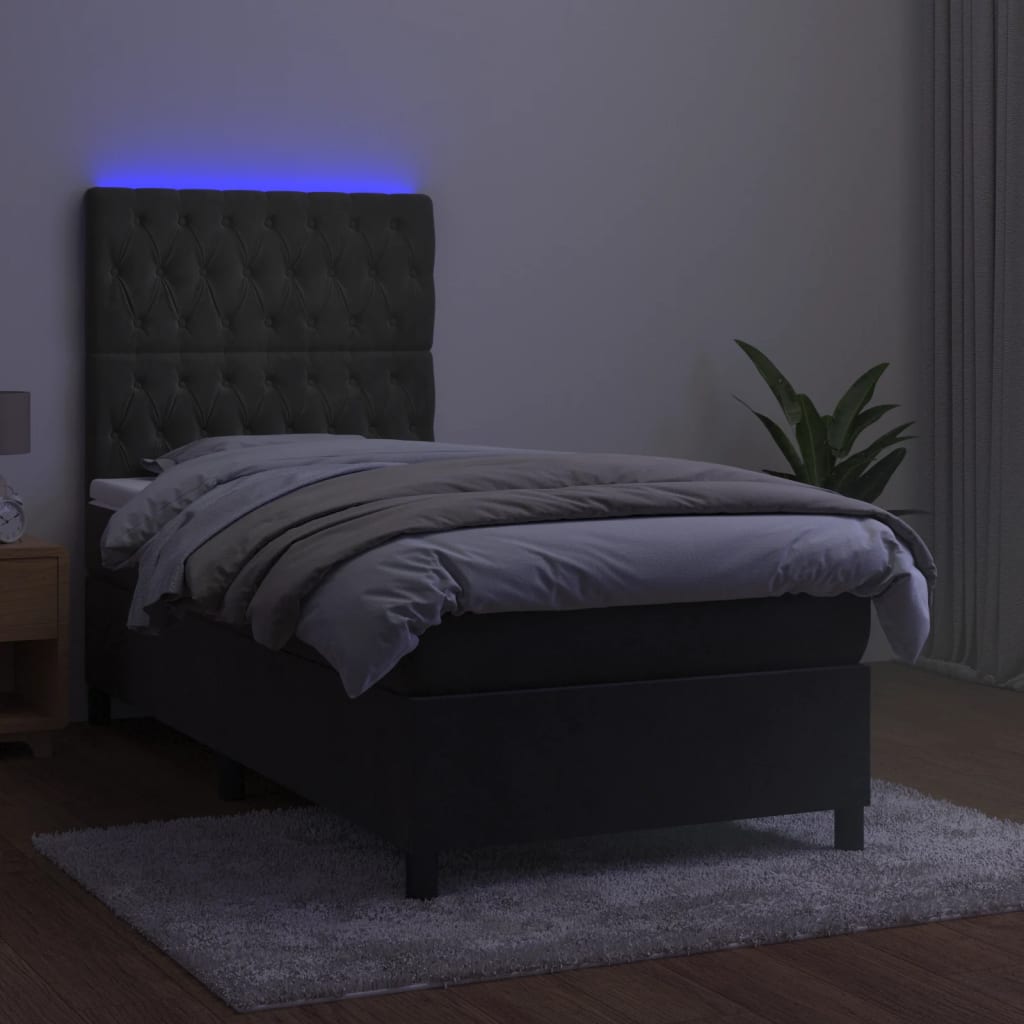 sötétszürke bársony rugós és LED-es ágy matraccal 100x200 cm