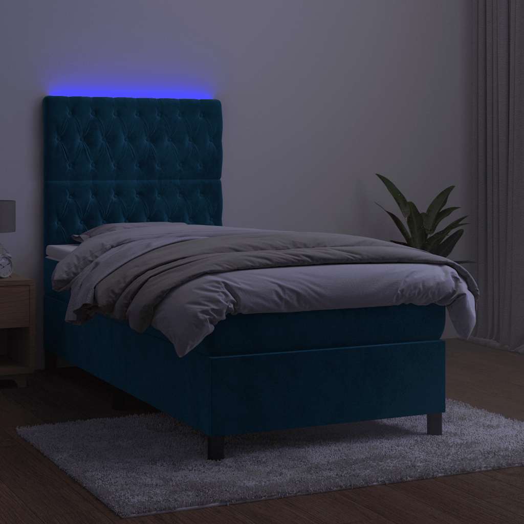 sötétkék bársony rugós és LED-es ágy matraccal 100x200 cm