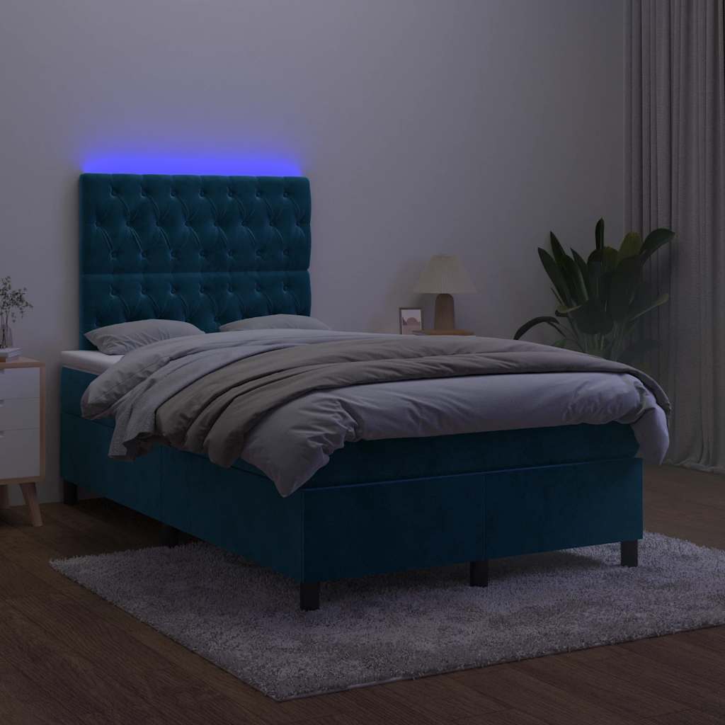 sötétkék bársony rugós és LED-es ágy matraccal 120x200 cm