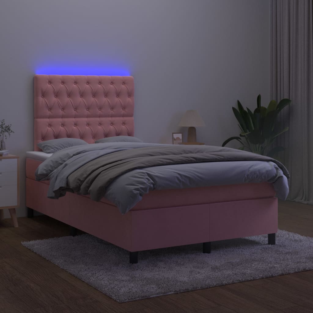 rózsaszín bársony rugós és LED-es ágy matraccal 120x200 cm