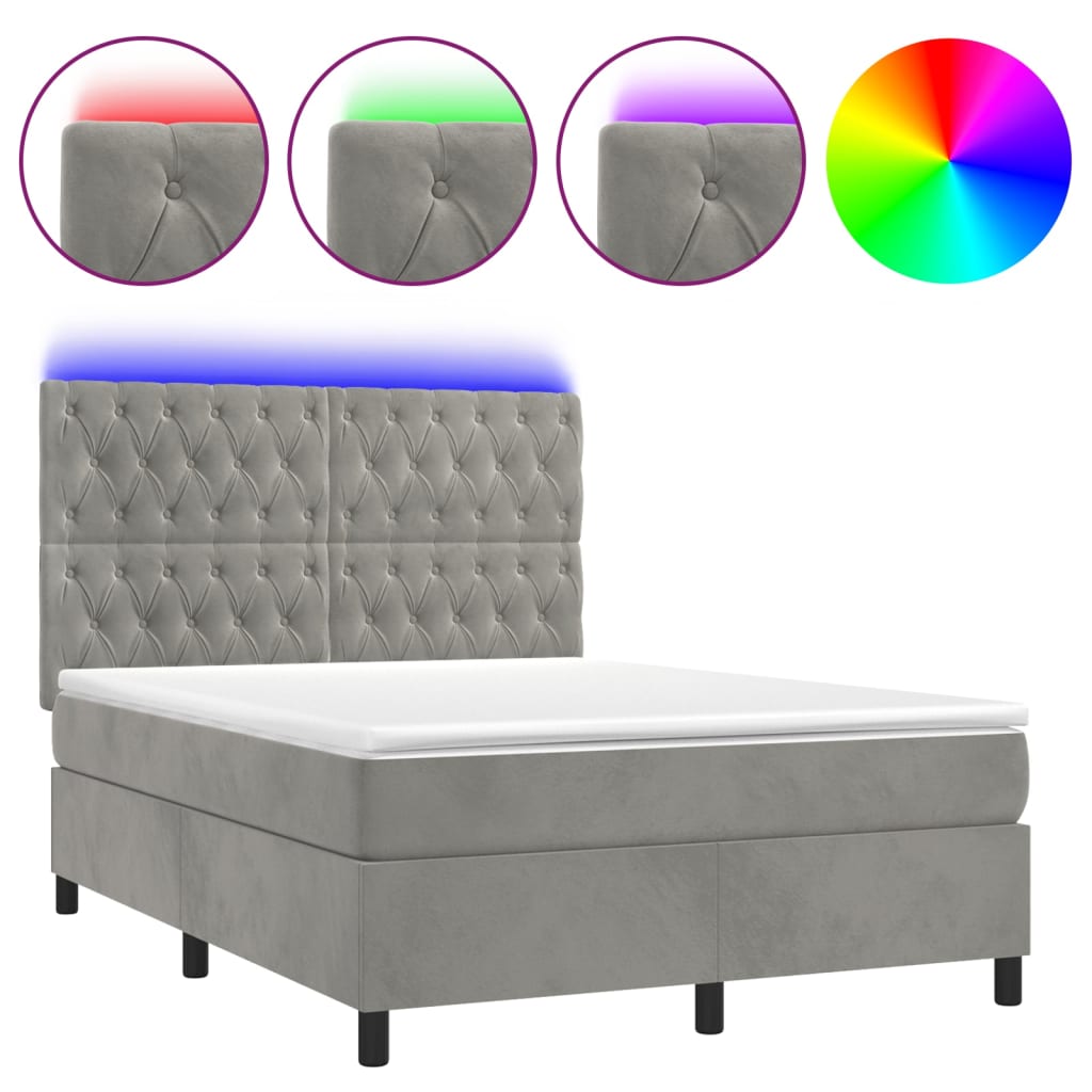 világosszürke bársony rugós és LED-es ágy matraccal 140x190 cm