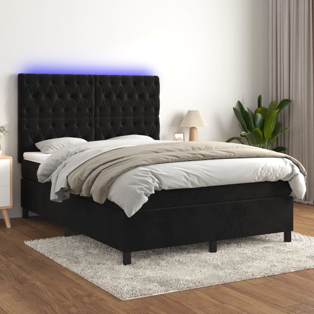 fekete bársony rugós és LED-es ágy matraccal 140x190 cm