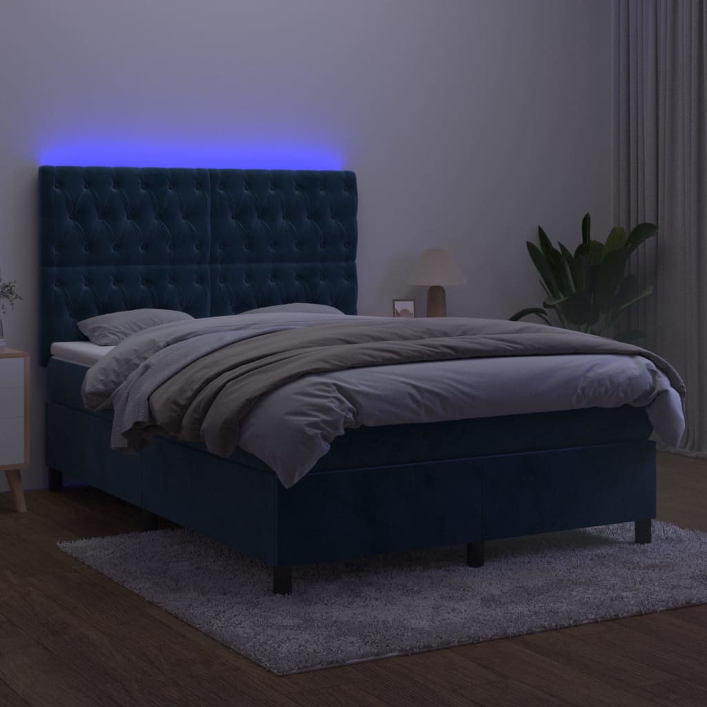 sötétkék bársony rugós és LED-es ágy matraccal 140x190 cm